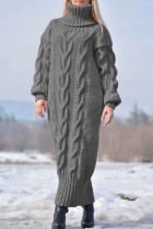 Robes décontractées à col roulé en patchwork uni à manches longues grises