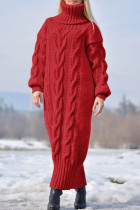 Robes à manches longues à col roulé en patchwork uni décontracté rouge