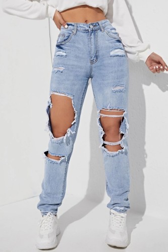 Jeans jeans regular azul claro casual liso rasgado cintura alta