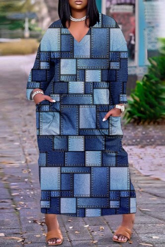 Vestidos de manga comprida azul estampado casual patchwork decote em v