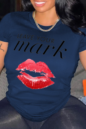 Camiseta azul marinho com patchwork e decote em bico estampado Street Lips