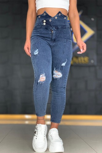 Jeans jeans skinny azul casual sólido rasgado patchwork cintura alta