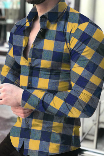 Blusas amarelas moda casual com estampa xadrez patchwork fivela gola redonda