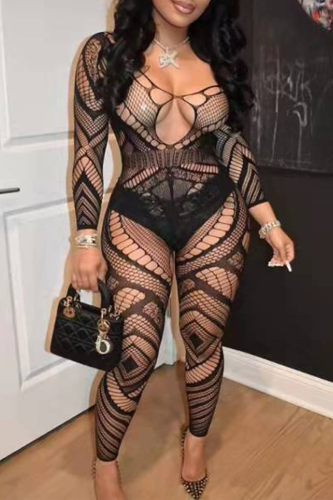 Black Sexy Solid Hollowed Out See-through Mesh Valentines Day Lingerie