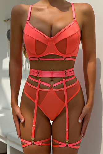 Fluorescent Orange Sexy Solid Patchwork See-through Valentines Day Lingerie