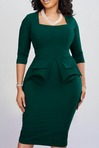 Green Elegant Solid Patchwork Square Collar Dresses