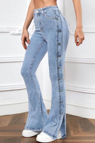 Jeans jeans regular azul claro casual patchwork cintura média