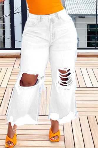 Calça Jeans Jeans Branca Casual Sólida Rasgada Make Old Patchwork Cintura Alta