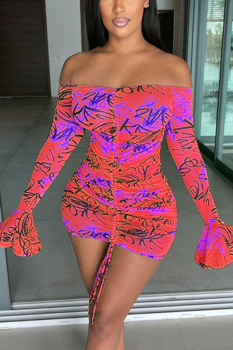 Red Sexy African Print Patchwork Fold Off the Shoulder Tight Short Dress