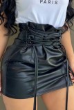 Black Casual Patchwork Skinny High Waist Conventional Solid Color Skirts
