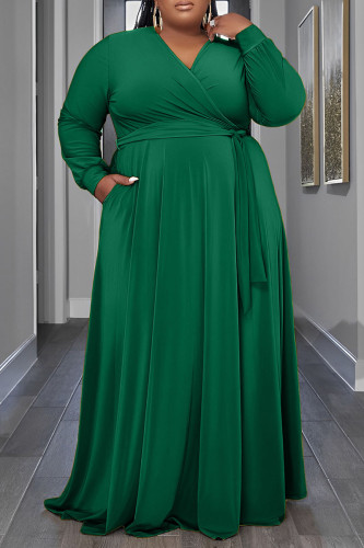 Vestido verde casual patchwork liso frênulo decote em V manga longa vestidos tamanho grande