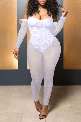 White Sexy Solid Patchwork See-through Fold Spaghetti Strap Plus Size Jumpsuits