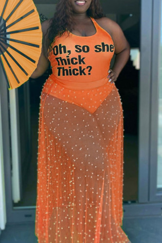 Roupa de banho laranja sexy casual com estampa de letras transparente com decote em U tamanho grande