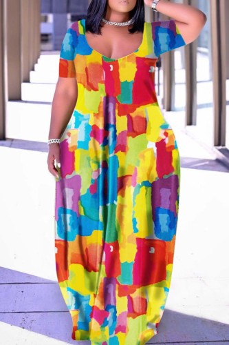 Vestido colorido estampado casual manga curta decote em V vestidos tamanho grande