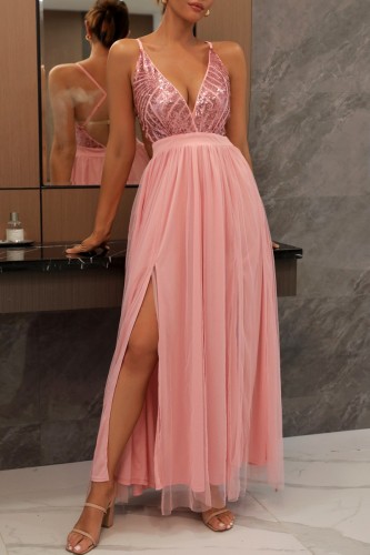Pink Sexy Formal Solid Sequins Patchwork Backless Slit Spaghetti Strap Evening Dress Dresses