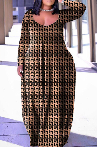 Svart khaki Casual Print Patchwork Basic V-hals långärmade klänningar i plusstorlek