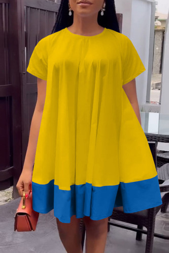 Yellow Casual Solid Patchwork Contrast O Neck Short Sleeve Dress Dresses