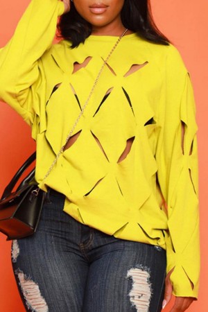 Yellow Casual Solid Hollowed Out O Neck Tops