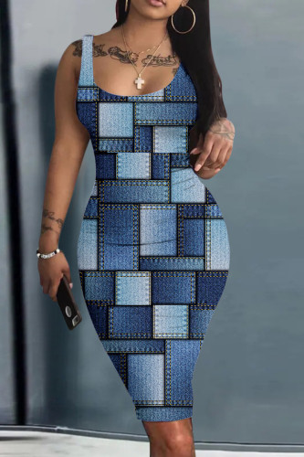 Vestidos casuais azuis sexy estampados básicos com decote em U