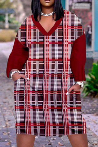 Red Casual Print Patchwork V Neck Long Sleeve Dresses