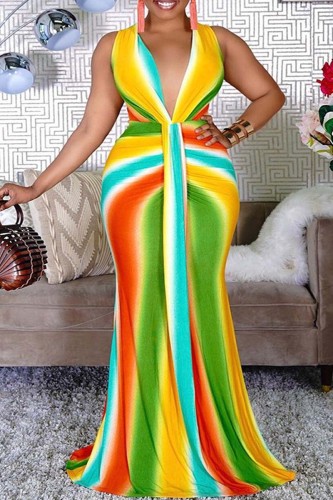 Red Yellow Sexy Print Patchwork V Neck Long Dress Plus Size Dresses