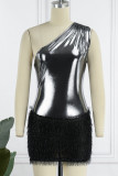 Silver Sexy Casual Solid Patchwork Oblique Collar Sleeveless Dress Dresses