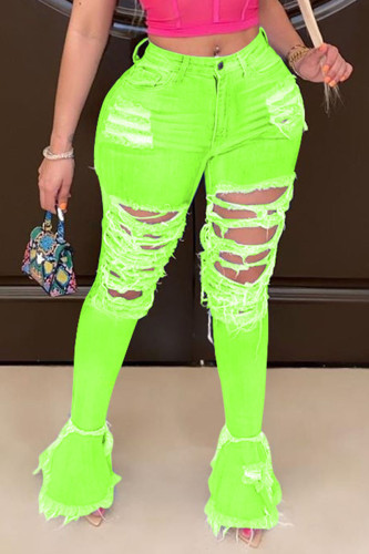 Jeans verde fluorescente sólido patchwork rasgado plus size