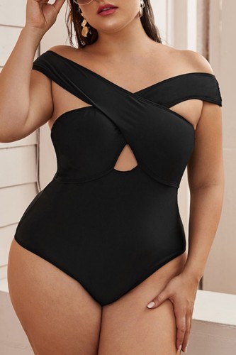 Black Sexy Solid Hollowed Out Patchwork Backless V Neck Plus Size Swimwear (With Paddings)