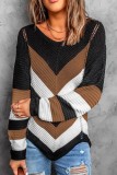 Brown Casual Patchwork Contrast O Neck Tops