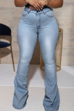 Jeans jeans azul bebê casual patchwork sólido de cintura alta