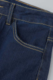 Dark Blue Casual Solid Patchwork High Waist Denim Jeans