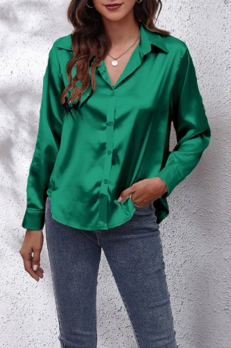 Top con colletto della camicia di base tinta unita casual verde