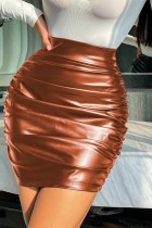 Brun Sexig Solid Fold Skinny High Waist Konventionell enfärgad kjol