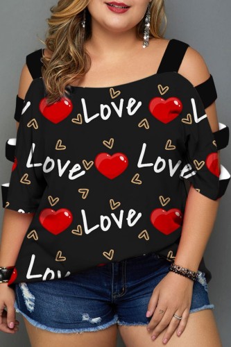 Black Red Casual Print Hollowed Out Patchwork O Neck T-Shirts
