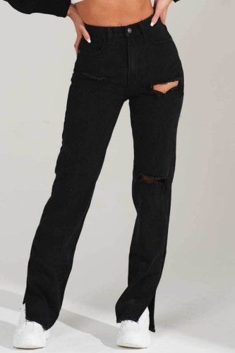 Jeans preto casual rasgado reto cintura alta liso cor sólida