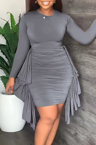 Grey Elegant Solid Patchwork Flounce Fold Asymmetrical O Neck Pencil Skirt Plus Size Dresses