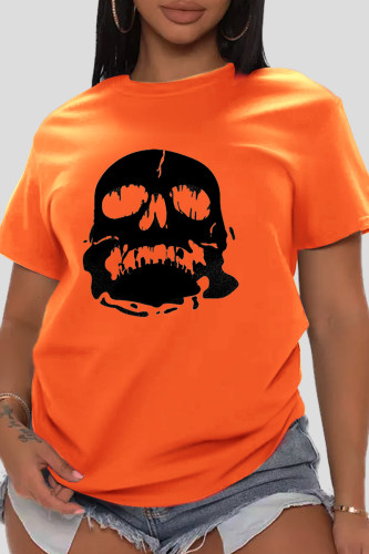 T-shirts à col rond en patchwork de crâne vintage orange quotidiens