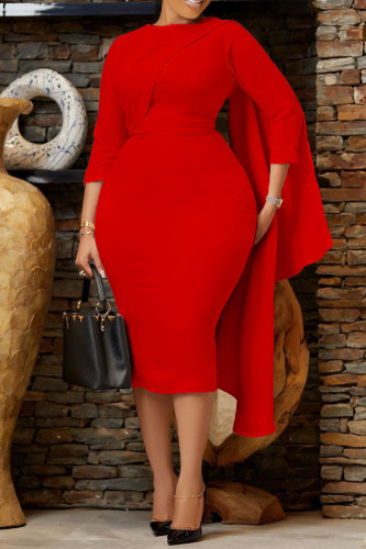 Vestidos de saia lápis com decote em O e patchwork liso vermelho elegante