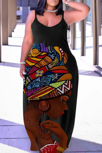Svart Brun Casual Spaghetti Strap Lantern Plus Size African Print Dress