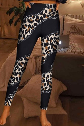 Calça preta casual estampa leopardo retalhos skinny cintura alta lápis estampa completa