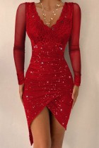 Red Sexy Casual Solid Patchwork See-through V Neck Long Sleeve Dresses