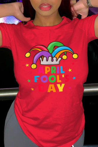 T-shirt con collo a V patchwork con stampa vintage rossa