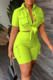 Fluorescent Green Casual Solid Bandage Patchwork Pocket Buckle Turndown Collar Short Sleeve Two Pieces