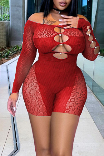 Red Sexy Solid Hollowed Out Patchwork See-through Pearl Off the Shoulder Skinny Jumpsuits
