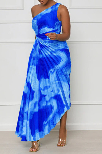 Vestido de Baile Africano Sexy Azul Profundo Elegante Gola Oblíqua Irregular
