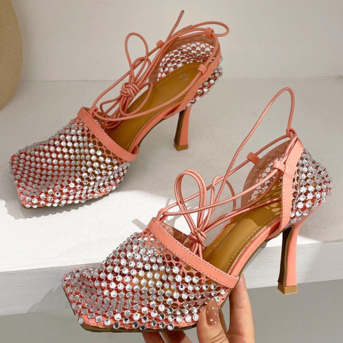 Rosa moda casual paillettes patchwork strass quadrato scarpe fuori porta