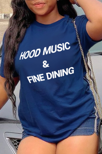 Camisetas com estampa vintage de rua azul marinho e decote em letra O