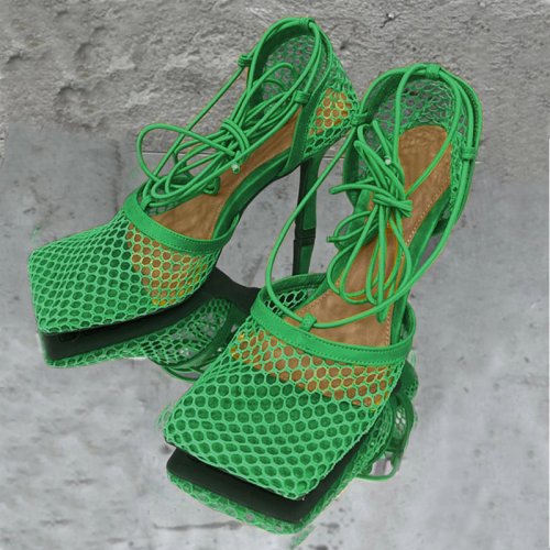 Sapatos de couro verde sexy patchwork com porta fechada
