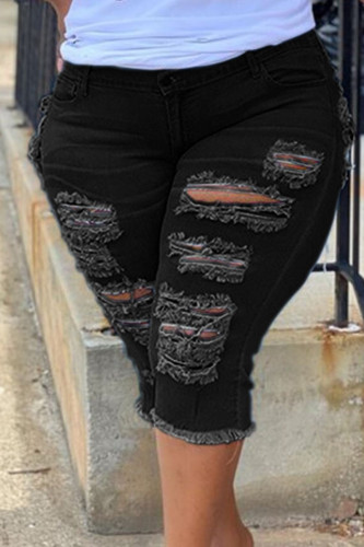 Jeans preto casual street sólido rasgado make old patchwork plus size