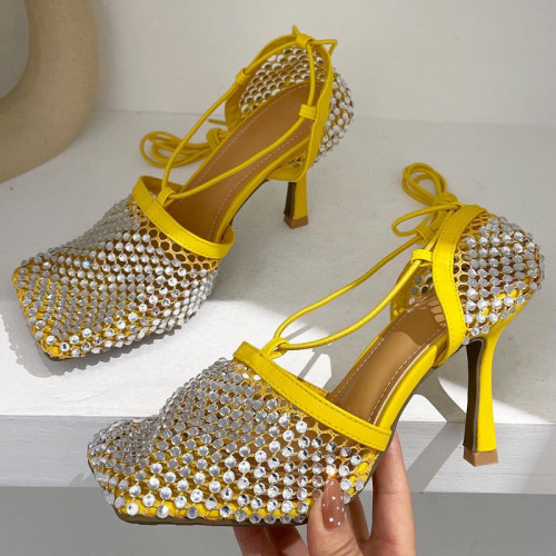 Sapatos casuais amarelos fashion com lantejoulas patchwork strass quadrado para fora